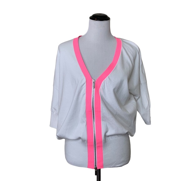 Karen Millen Tops - Karen Millen Sporty Pink White Zip Top Short Sleeve Mesh Cardigan US Size 4 UK 8